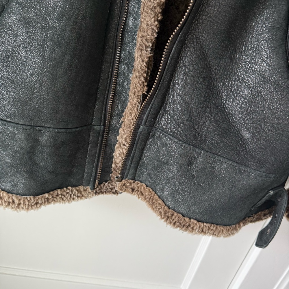 Vintage Green Black Shearling Sheepskin Jacket with Brown Lining Sz L - Picture 4 of 7